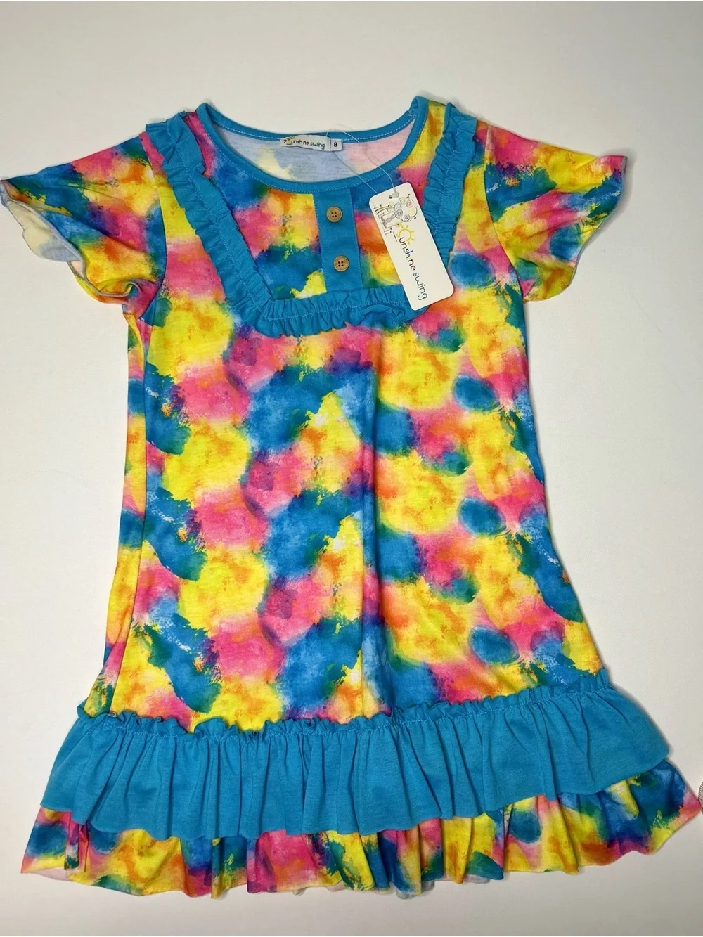Sunshine Swing Girls Tie Dye Watercolor Ruffle Swing Dress Size 8
